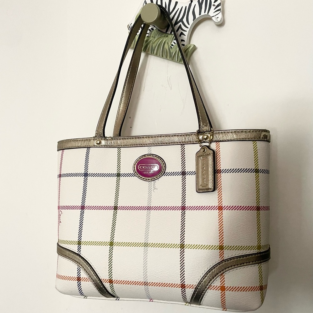 Coach White Plaid Peyton Tote with Multicolor Stripes